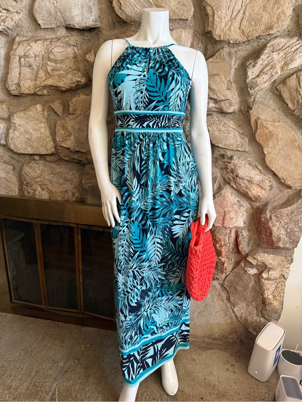 Roz & Ali Teal Tropical Halter Maxi Dress